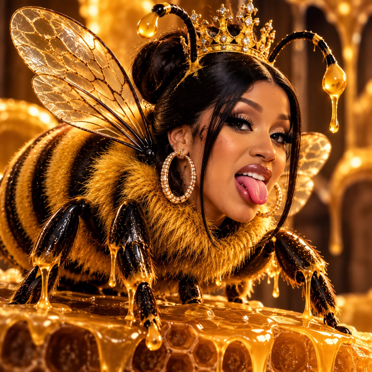 Cardi Bee wearing a jeweled crown in a molten honey hive
